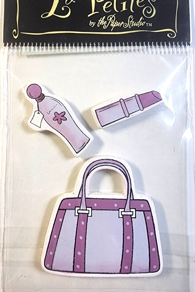 RARE 2005 La Petites Wood Embellishments Purse Lipstick Perfume Paper Studio NOS