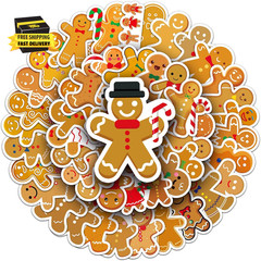 50 Pcs Gingerbread Man Stickers – Waterproof Vinyl Christmas Gingerbread Sticker
