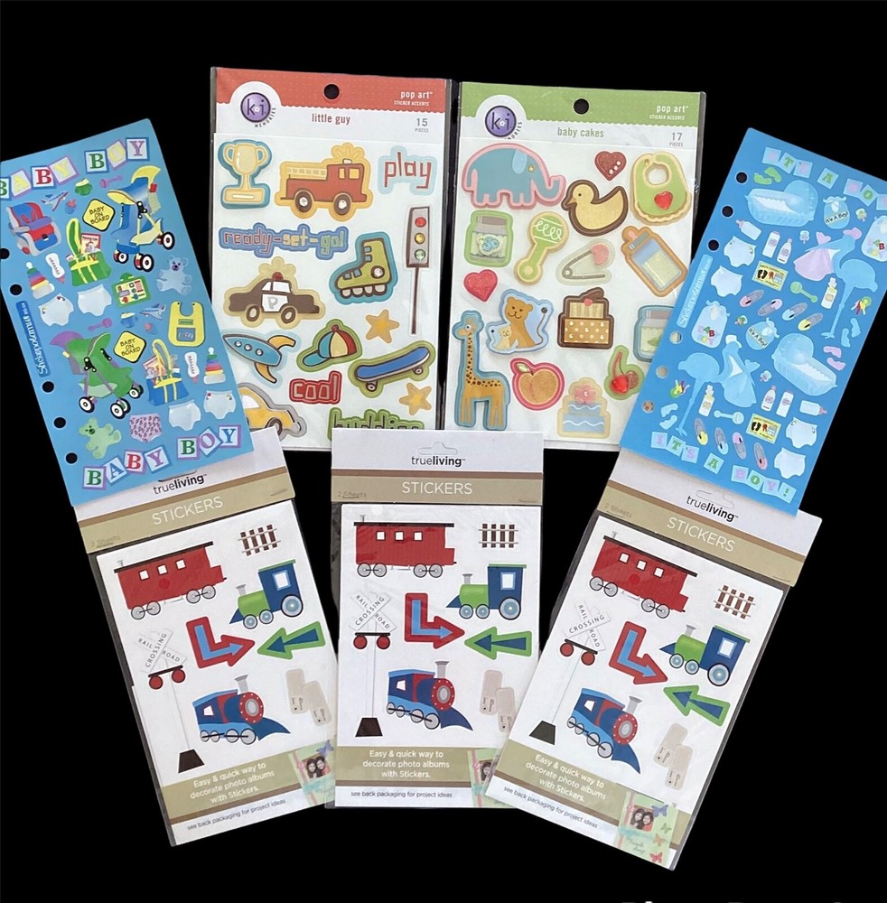7 Pks BABY BOY Stickers — Trains Transportation Baby Objects Firetruck Police