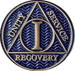 1 Year AA Medallion Reflex Antique Blue Color Bronze Sobriety Recovery Chip Coin