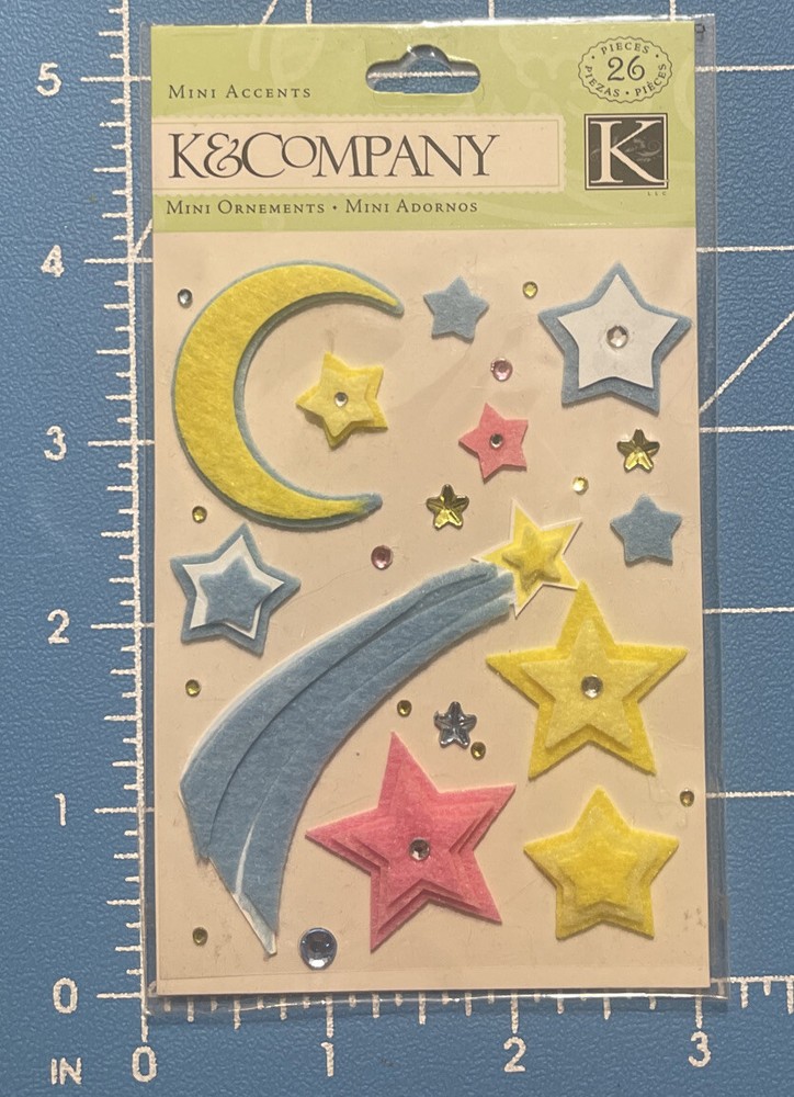 K&COMPANY 3D STICKERS MINI ACCENTS FELT Moon & Stars GEMSTONES 26 PCS