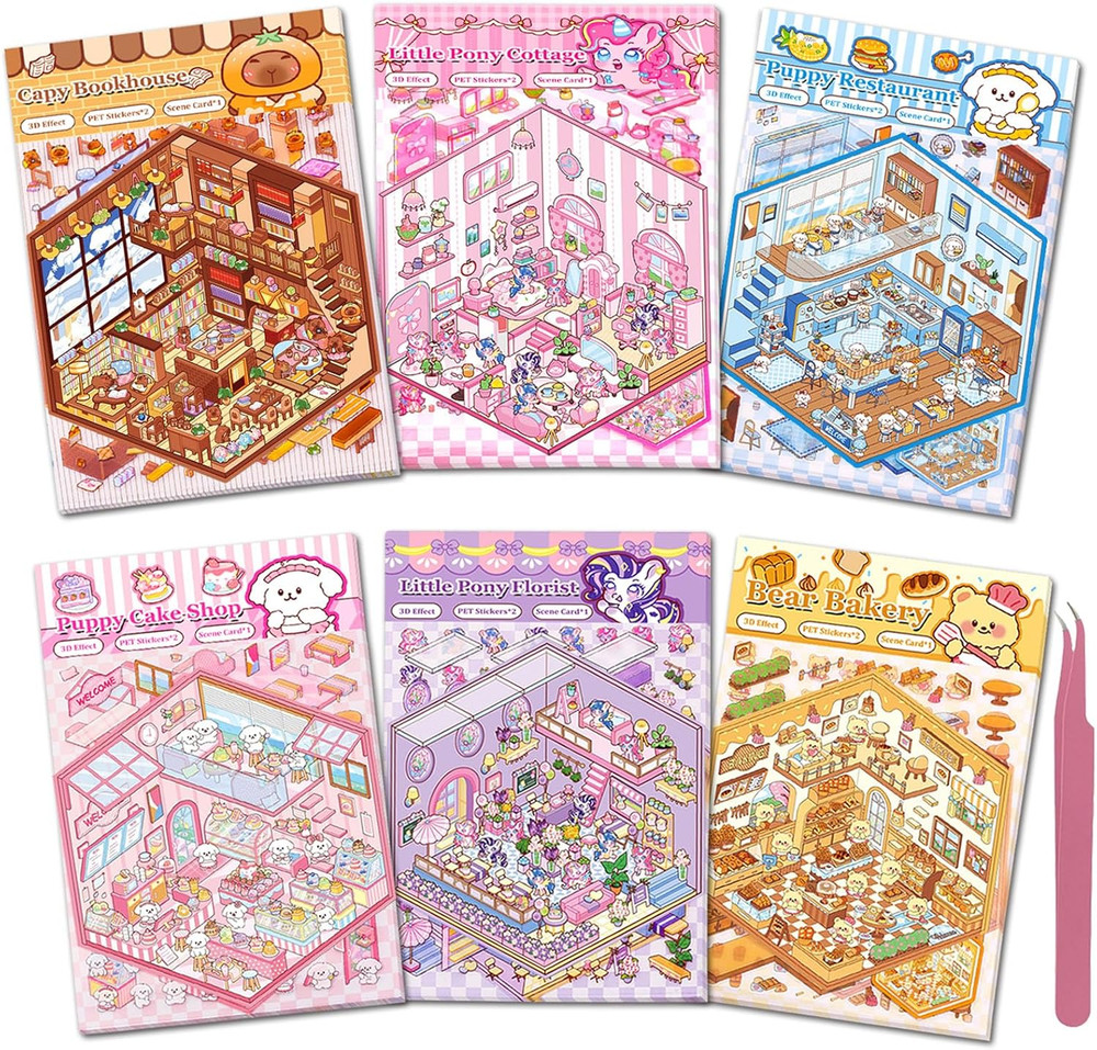 DIY 3D Sticker Scenes for Girls, 6 Sets Make Your Own Mini Room Scene Stickers f