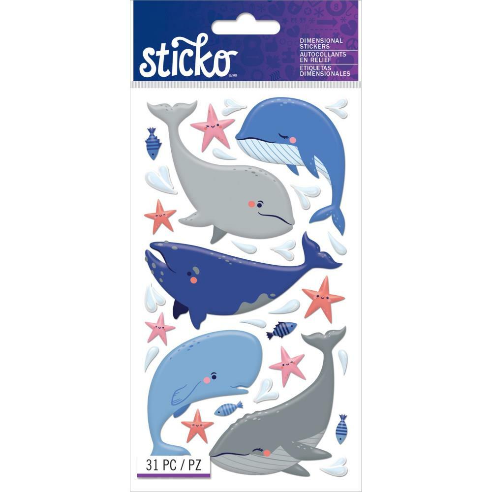 Crafts Stickers Sticko Puffy Whales Blue Gray Star Fish Water Drops Smiles Eyes
