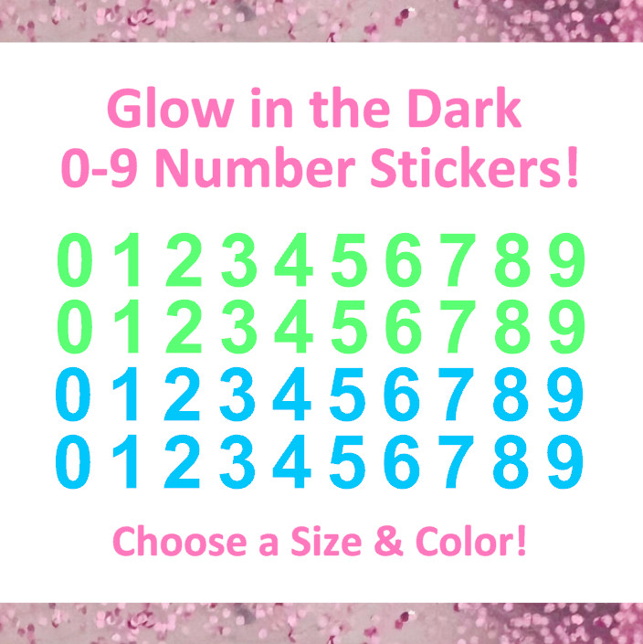 Glow in the Dark 0-9 Number Sticker Sheet! – 1/2″ to 1.5 inch – Arial Bold Font