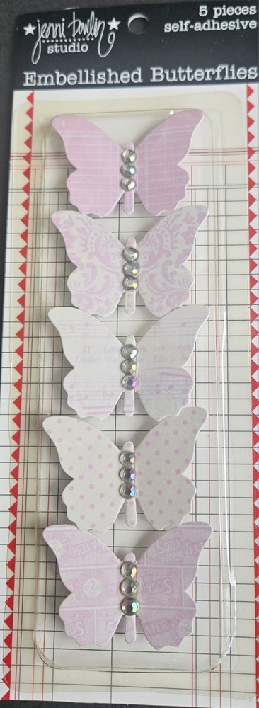 Chipboard 5 pink butterflies with gems Jenni Bowling for scrapbook crafts 7×3
