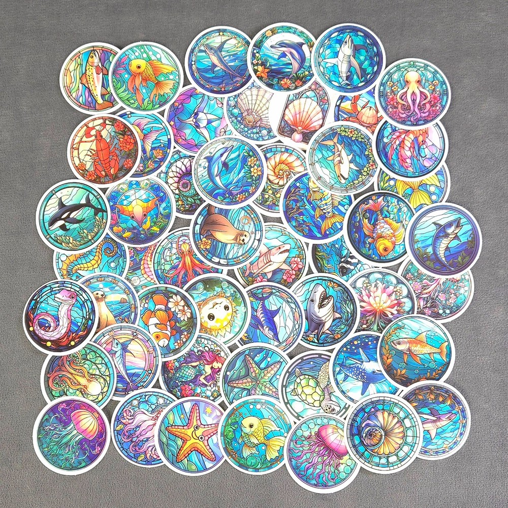 Round Stained Glass Ocean Animals Stickers – Set of 10 Stickers Great for Crafts