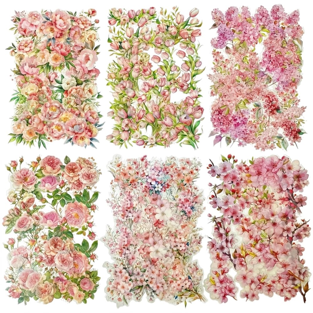 180 Pcs Pink Garden Flower Stickers – Waterproof Cherry, Peony, Tulip for Journa