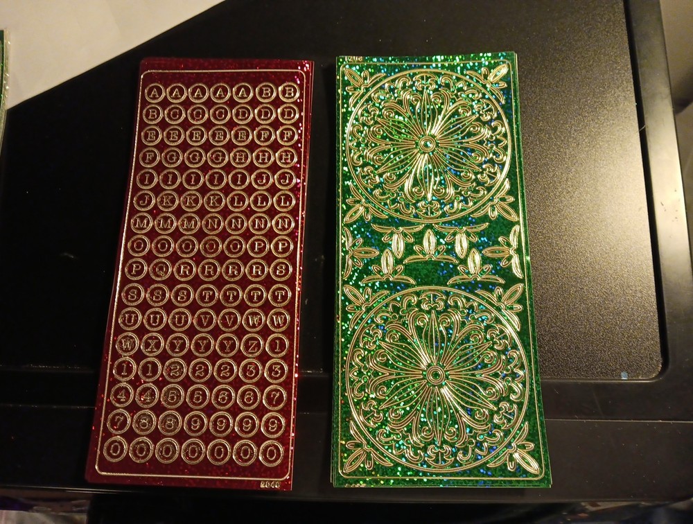 2X HOLOGRAPHIC STICKERS SCRAPBOOKING NEW (ST1079) MANDALA/LETTERS GREEN/RED