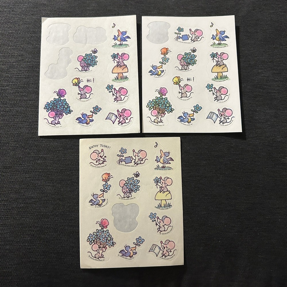 Vintage 1979 Hallmark Stickers Mice Mouse Bird 3 Loose Sheets Incomplete