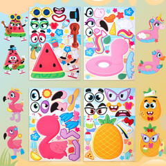 36 Pcs 9″X6″ Summer Make a Face Stickers for Kids, Make Your Own Hawaii Pool Bea