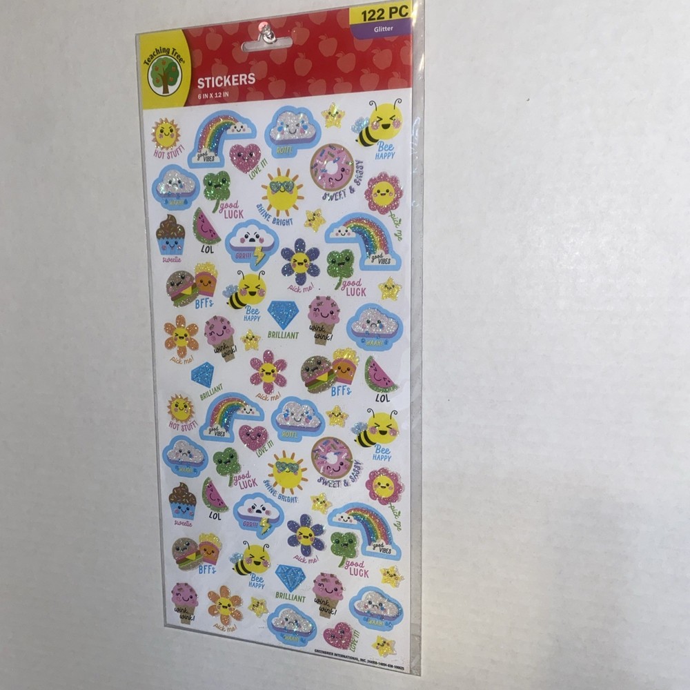 Teaching Tree 122 Pc Glitter Kawaii Reward Stickers Rainbows Bees Hearts Clouds