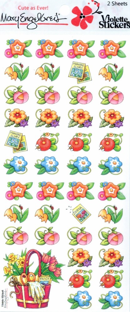 Mary Engelbreit-Flowers Seed Packets Pansy Zinnia Violette 2 STICKER SHEETS
