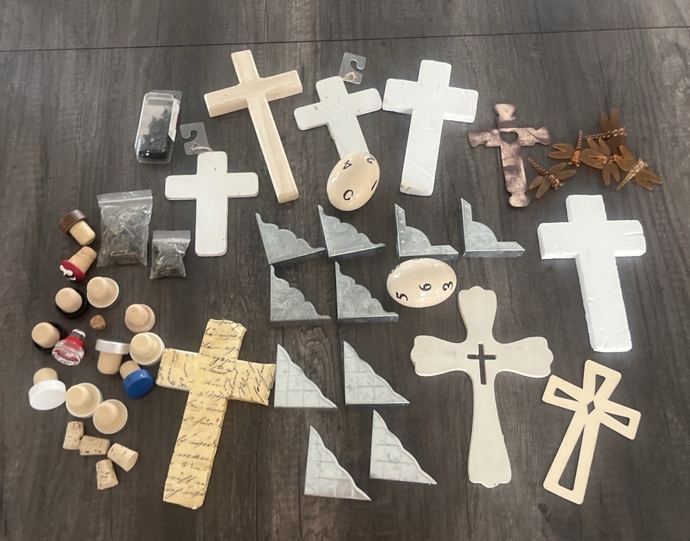 Junk Journal Scrapbook Embellishment Lot Crosses Metal Corners Corks DIY 100pc