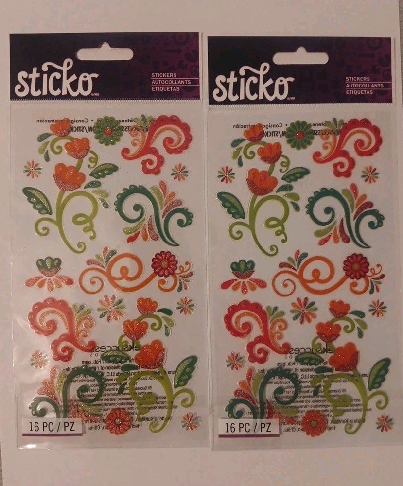 2 Packs Scrapbooking Stickers Sticko Colorful Flourishes Flower Pink Green Blue