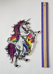 Vtg Bj Decal Jumbo Sticker Unicorn Prism Specialties 9″ giant rainbow flowers