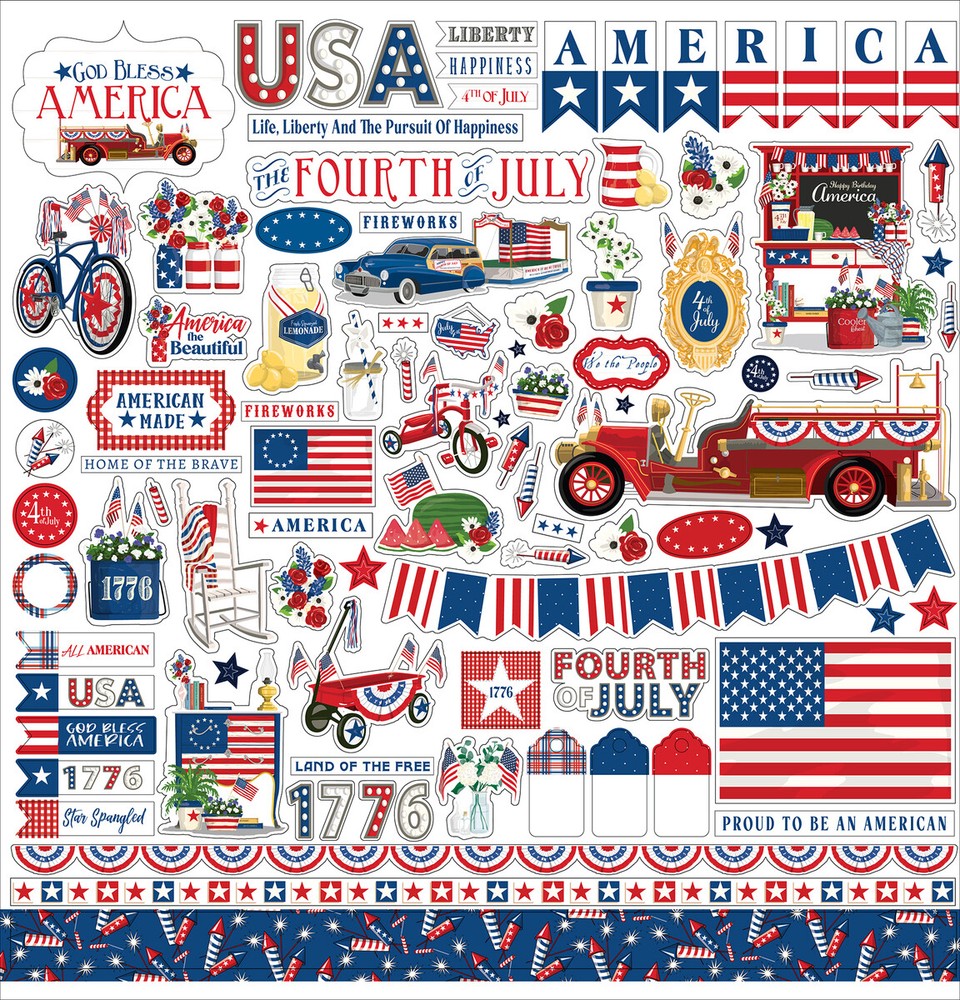 (1) 12×12 Sheet Carta Bella Paper GOD BLESS AMERICA Scrapbook Element Stickers