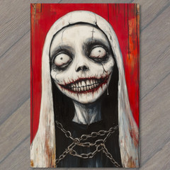 STICKER Scary Nun Demonic Laughing Dark Horror Gothic Black Red Bloody Chains