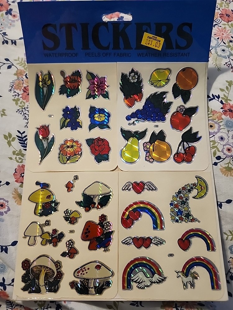 NEW Stickers Prism BJ Sticker Sheet Vintage 80s Holographic Mushrooms fruit