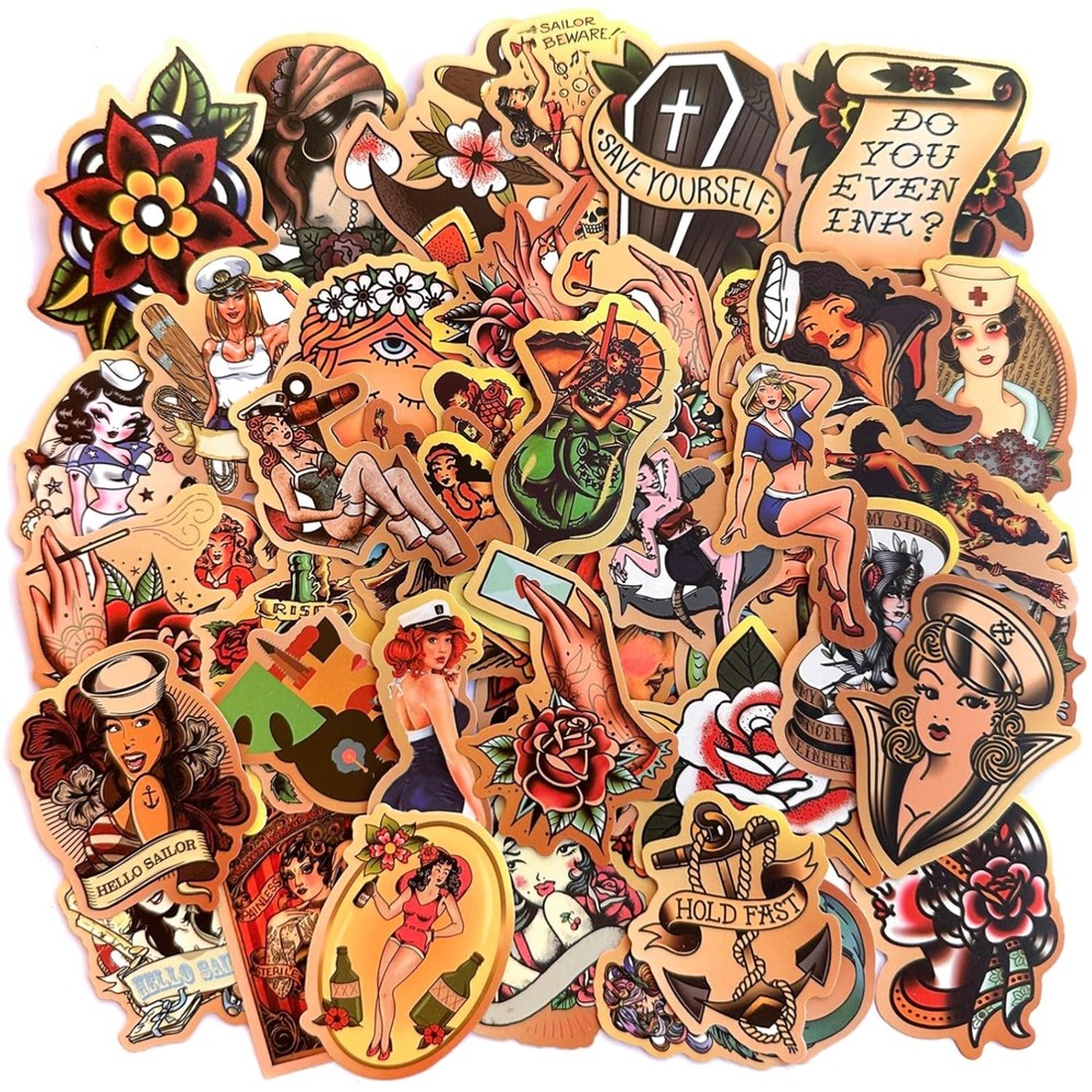 50 Piece American Traditional Waterproof Sticker Pack – Vintage Retro Designs