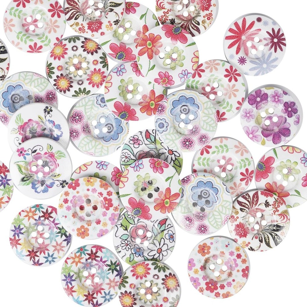 Chenkou Craft 40pcs 1″ (25mm) Round Flower Wood Buttons 4 Holes Craft Sewing …