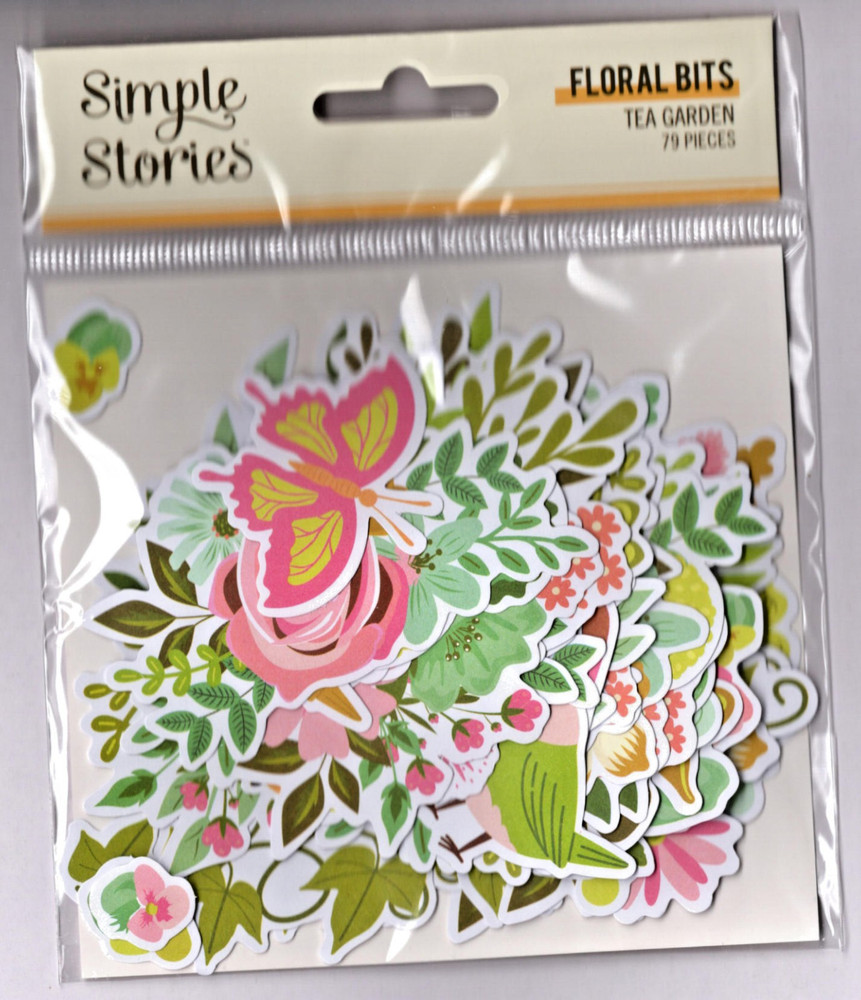 Simple Stories TEA GARDEN FLORAL BITS (79pc) DIE-CUTS scrapbooking journals