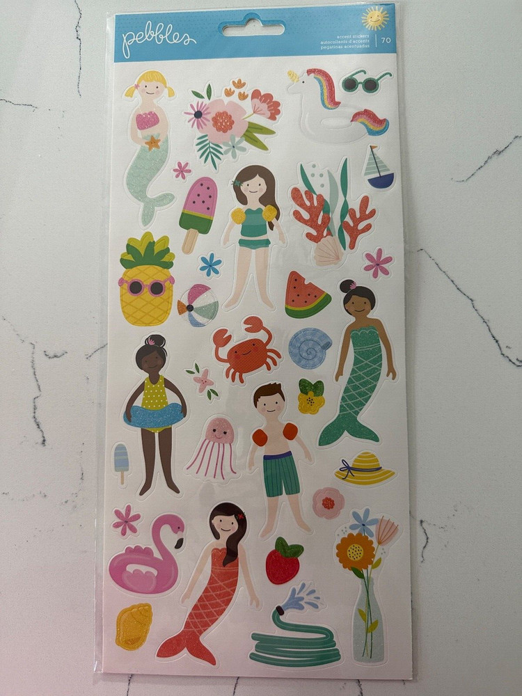 Pebbles Accent Stickers Swimming Fun ~ Floats Fruit Crabs Flowers Scrapbooking