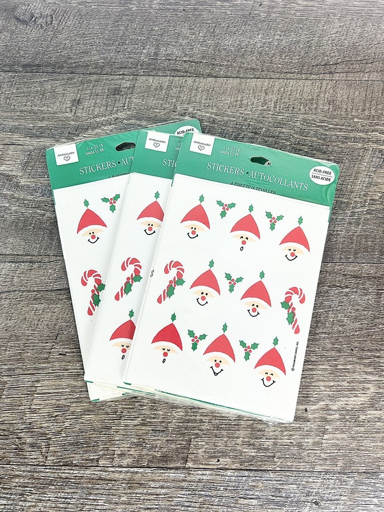 Vintage Hallmark Stickers 4 Sheets In Each Of 3 Pkg Unopened Santa Candy Cane