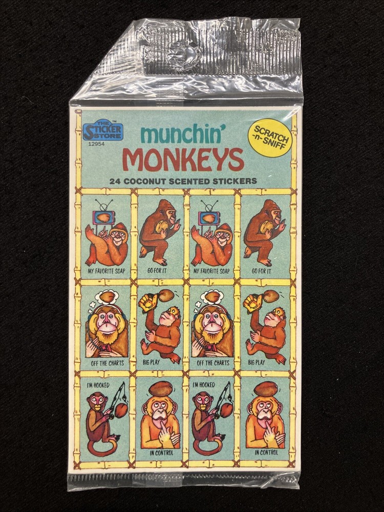 MUNCHIN’ MONKEYS coconut SCRATCH n SNIFF stickers SEALED VTG