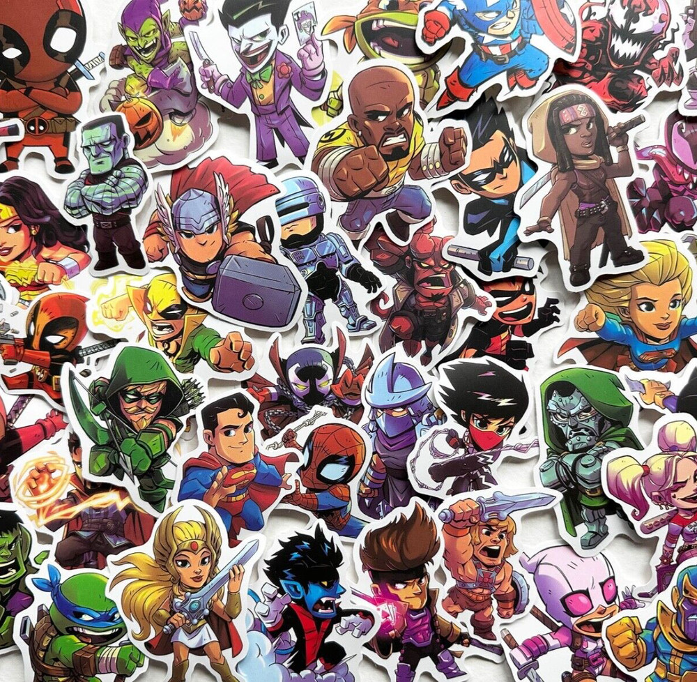 50 SUPERHERO CARTOON Stickers jocker superman, Thor TV, comics Decal