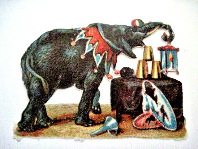 Whimsical 1800’s Die Cut Of Circus Elephant Wearing Bright Colored Collar (B) *