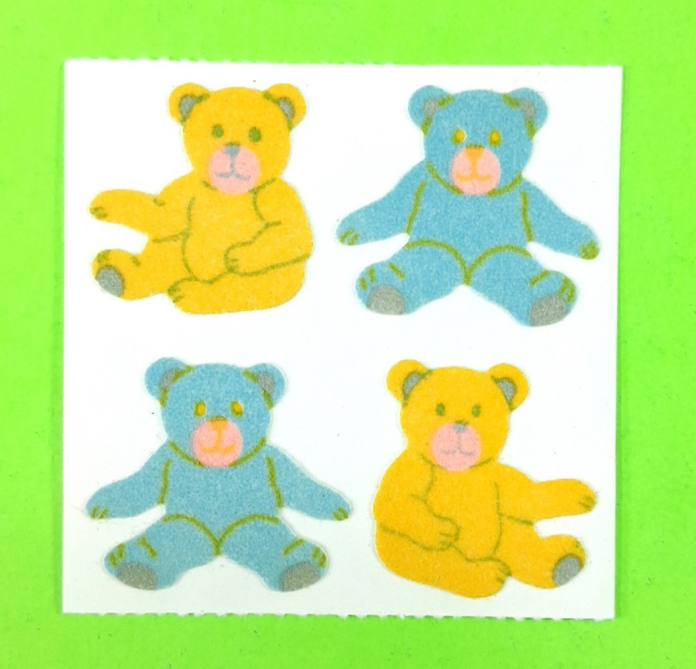 Vintage Fuzzy Great 7 Green & Yellow Teddy Bears Sticker Mod