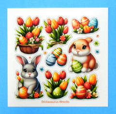 Easter Bunnies, Eggs, Yellow & Red Tulips Mini Stickers Sheet