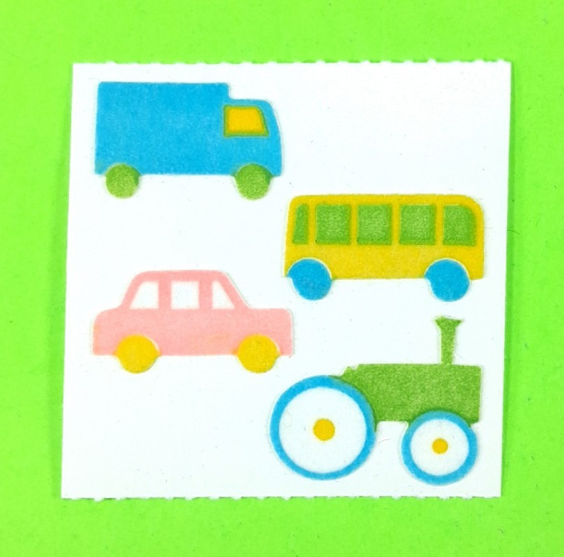 Vintage Fuzzy Great 7 Transporation Vehicles Sticker Mod Bus Tractor Car Truck