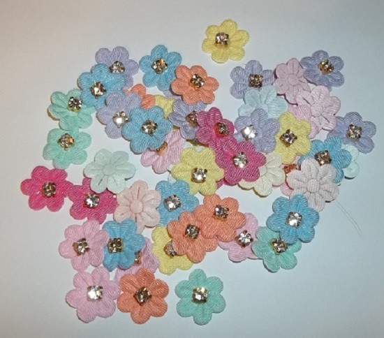 New 50 Fabric Flowers With Rhinestone Center Crafts Scrapbooking etc. New