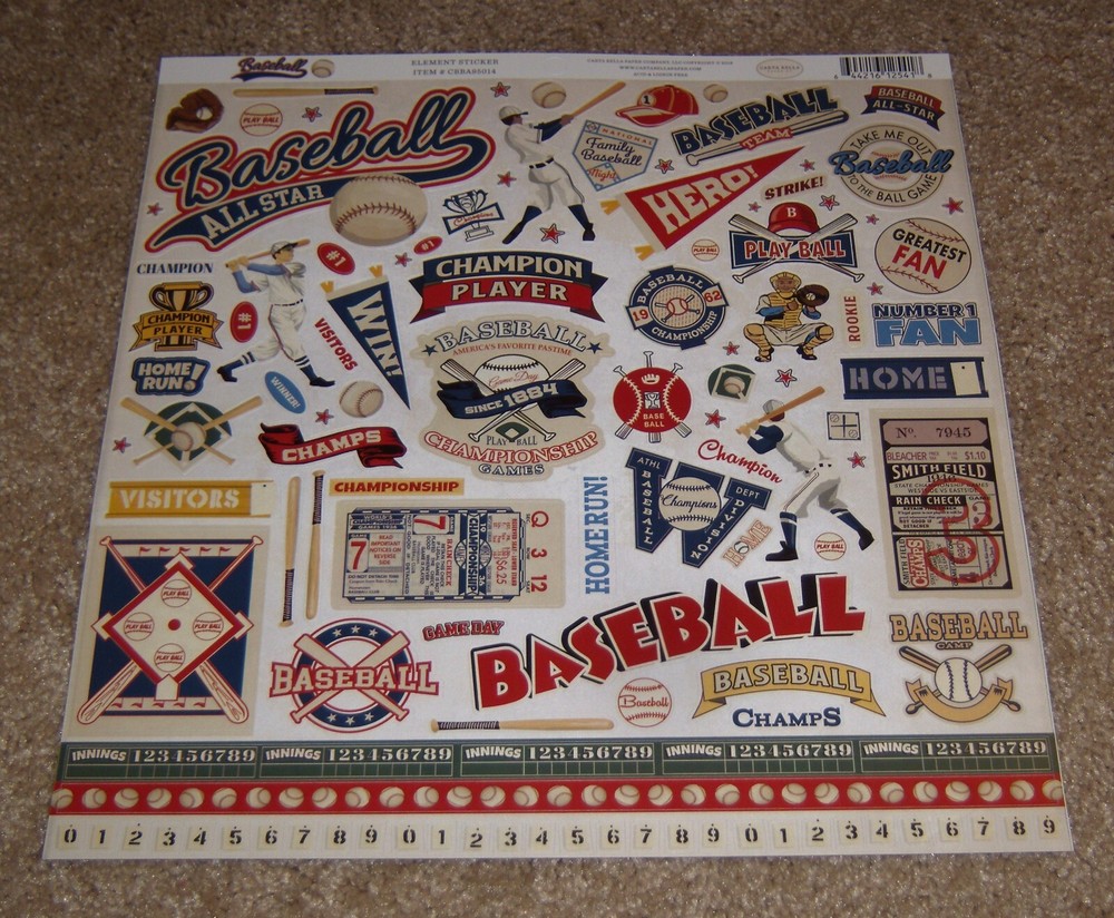 Echo Park/Carta Bella 12×12 Cardstock Element Sticker Sheet ~ Baseball