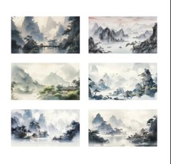 10pcs Asian Landscape Watercolor Stickers- Scrapbooking/Journaling/Crafting