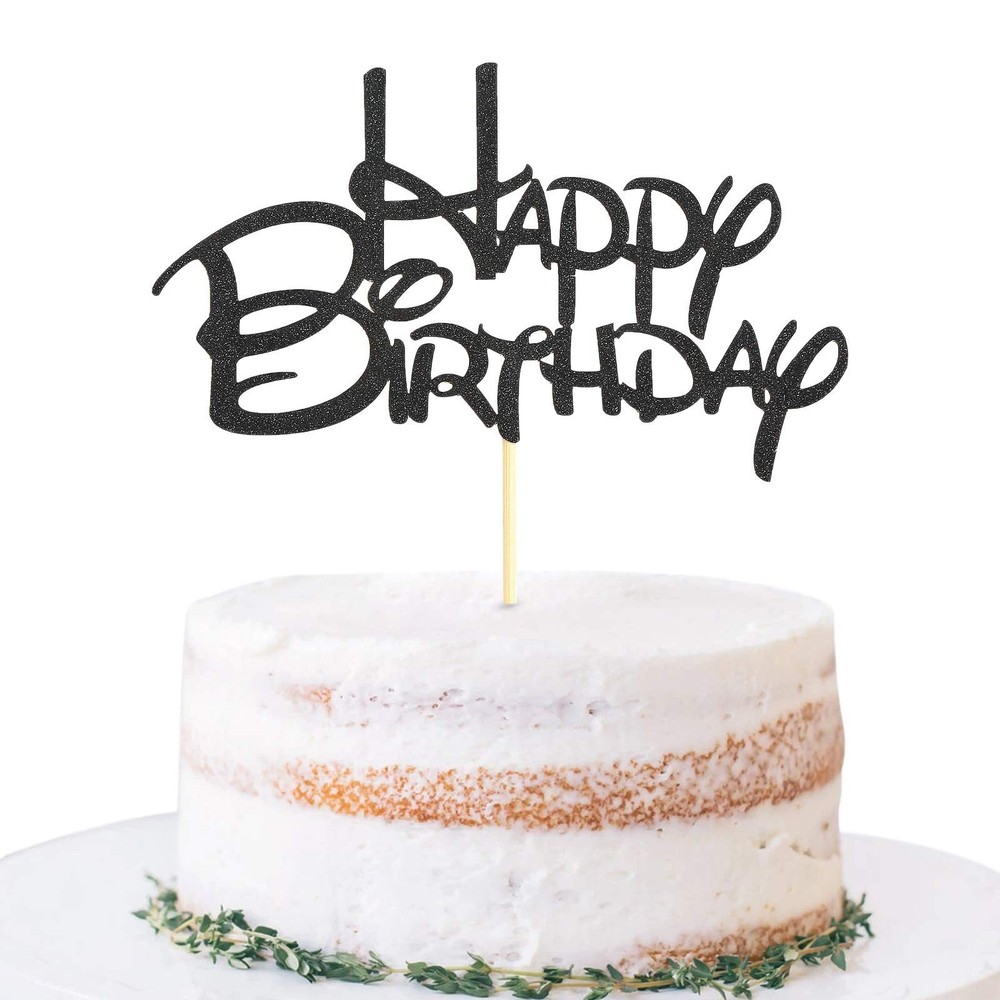 Black Happy Birthday Cake Topper – Black Glitter Birthday Party Cake Decorati…