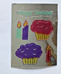 Vtg City Sticker Foil Mylar Happy Birthday Cupcakes Stickers on a Roll 80s Mod