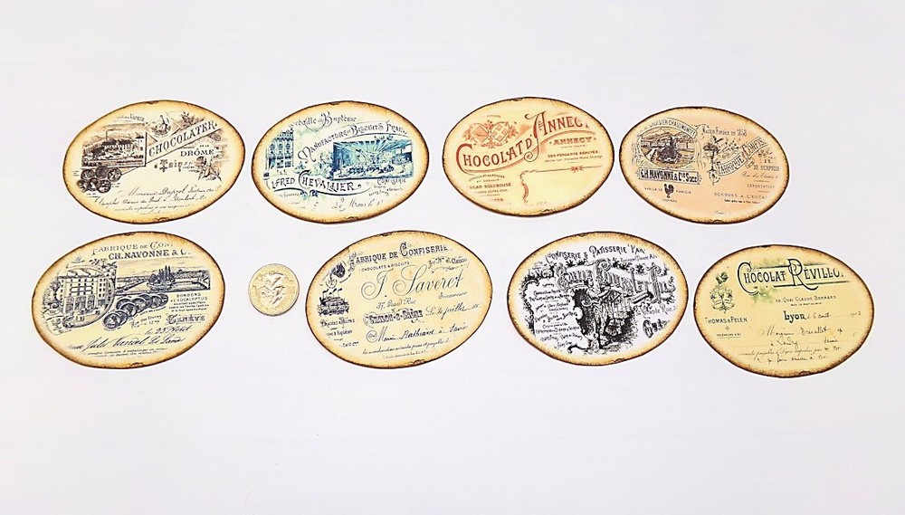 Vintage-French-Chocolate-Linen Cardstock-Oval-Labels-Stickers-Set Of 8