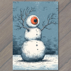 STICKER Creepy Snowman With Eyeball Head Surreal Horror Winter Christmas