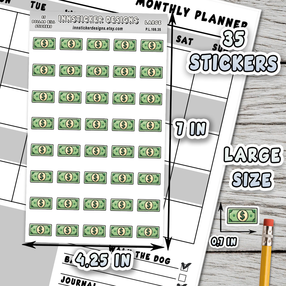 Dollar Bill Stickers, Mini Icon Reminder Planner stickers, Journals, Scrapbooks