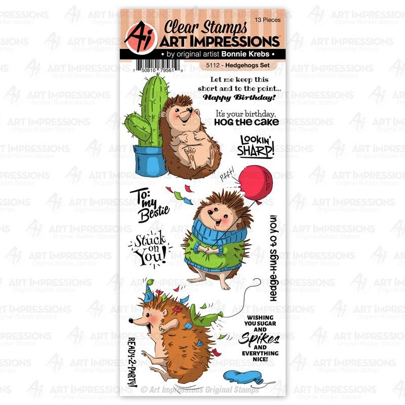 New ART IMPRESSIONS RUBBER STAMP clr set HEDGEHOGS friends birthday free USA shp