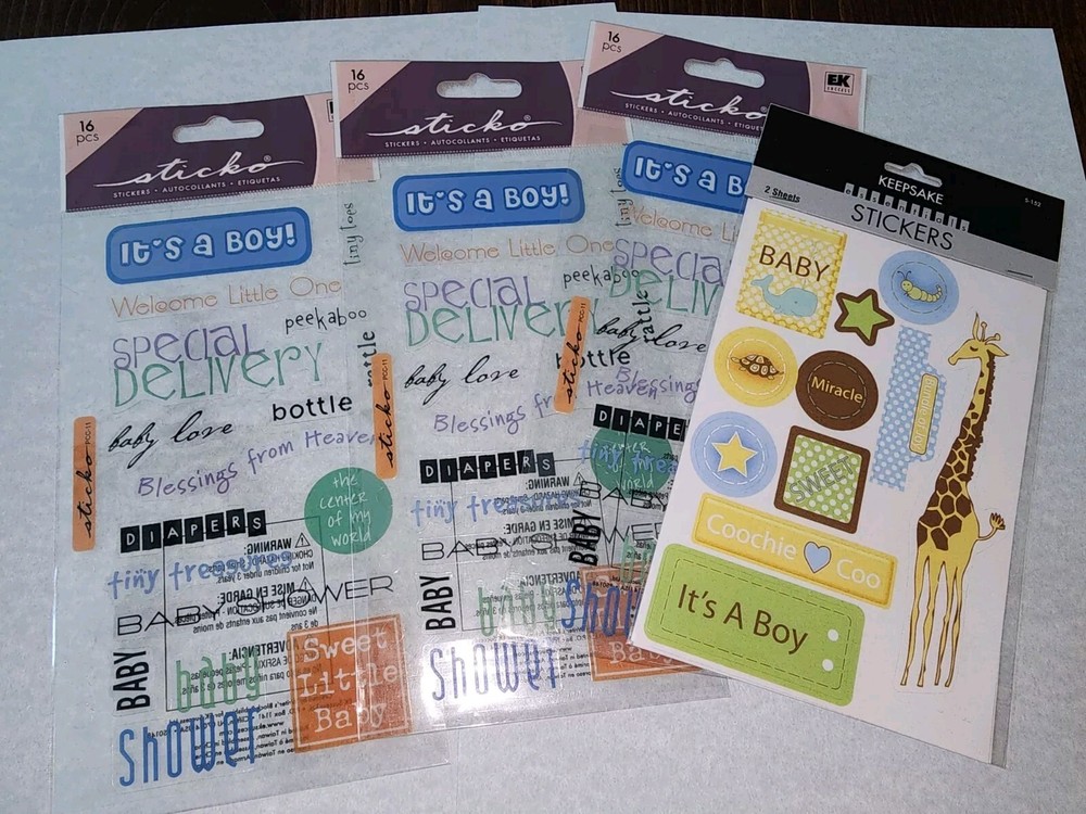 Lot Of 4 NEW Sticko Stickers IT’S A Boy! BABY SHOWER Theme
