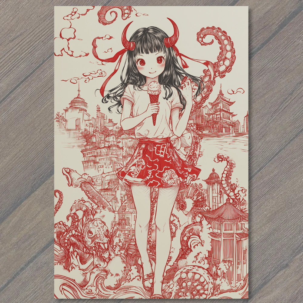 STICKER Devil Girl Ice Cream Tentacles Chaos City Retro Horror Red Ink