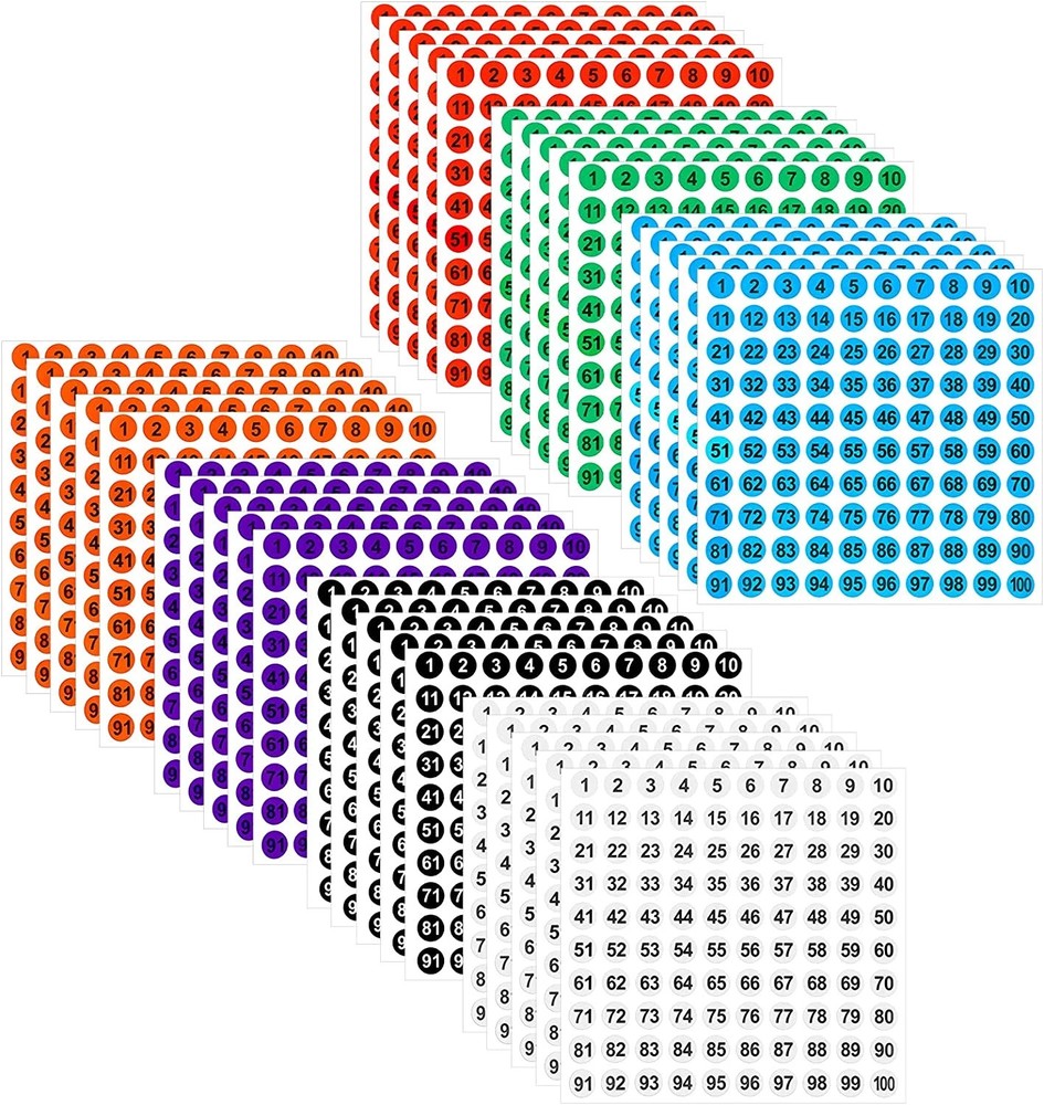 35 Sheets Number 1-100 round Vinyl Stickers 7 Colours Number Stickers Waterproof