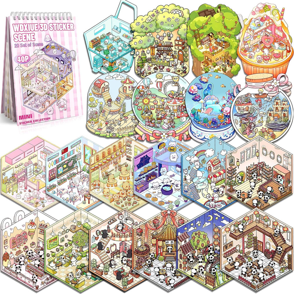 20 Sets of DIY 3D House Scene Cute Cartoon Stickers Kit for Kids & Adults