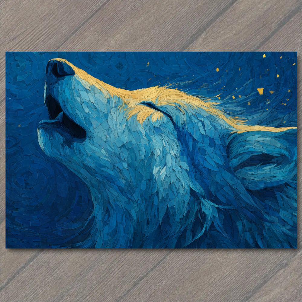 STICKER Wolf Howl Deep Blue Sky Golden Highlights Mosaic Fur Starburst Texture
