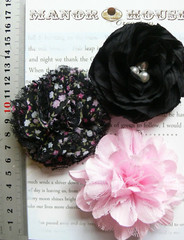 PINK & BLACK Mix Fabric Organza 3 Flower Pack 70-80mm Manor House