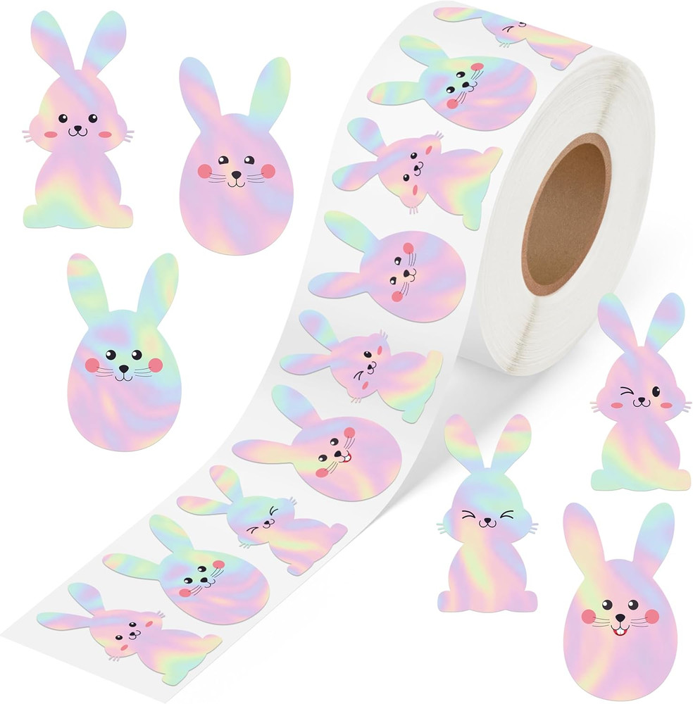 600Pcs Easter Stickers Roll for Kids Holographic Bunny Rabbit Egg Shaped Self Ad