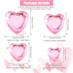 516 Pcs Heart Rhinestones Sticker Acrylic Heart Gems Stickers Crystal Gems Self